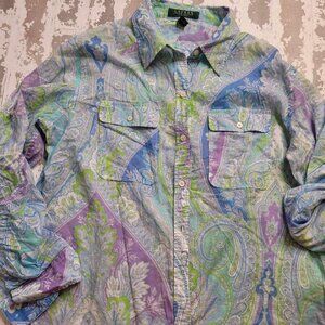 2200 Lauren Ralph‎ Lauren Paisley Button Down Women's Size Petite Large